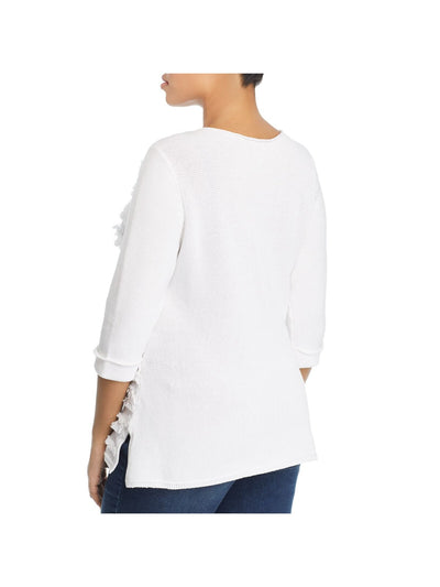 NIC+ZOE Womens White Fringed Textured Split Side Seams 3/4 Sleeve Jewel Neck Sweater Plus 2X