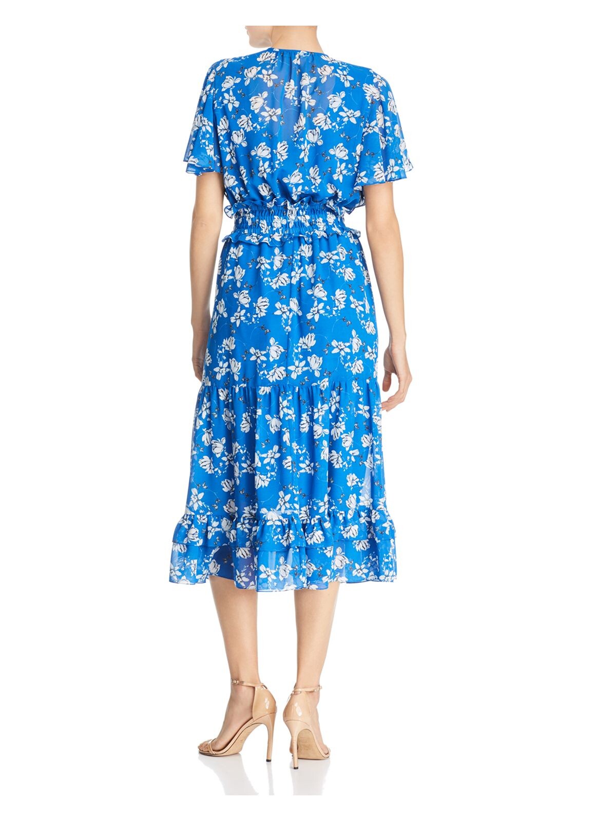 SHOSHANNA Womens Blue Ruffled Floral Short Sleeve Jewel Neck Below The Knee Wear To Work Fit + Flare Dress 0