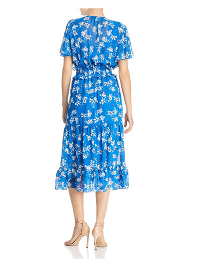 SHOSHANNA Womens Blue Ruffled Floral Short Sleeve Jewel Neck Below The Knee Wear To Work Fit + Flare Dress 0