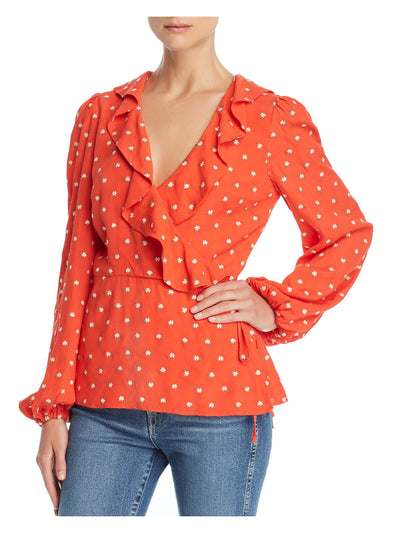 PERSEVERANCE Womens Red Ruffled Floral V Neck Blouse 4