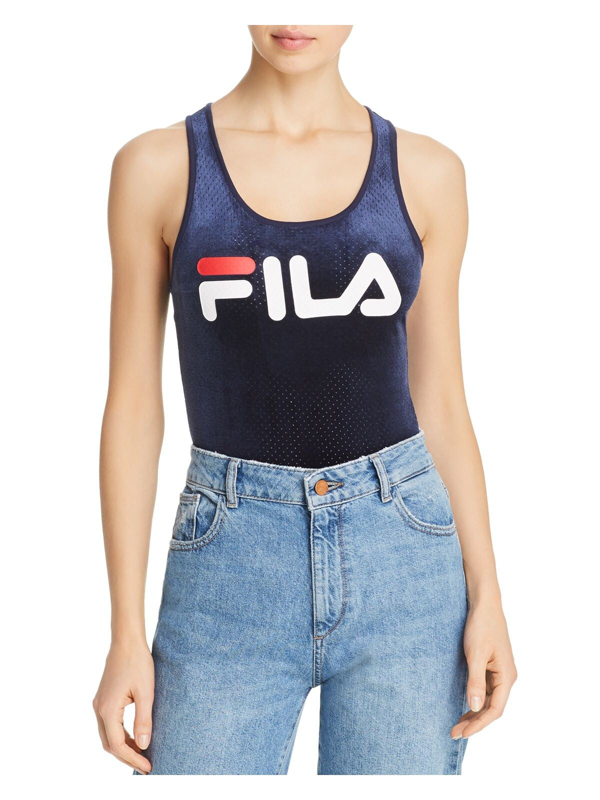 FILA Womens Navy Racerback Perforated Snap Closures Logo Graphic Sleeveless Scoop Neck Body Suit Top XS