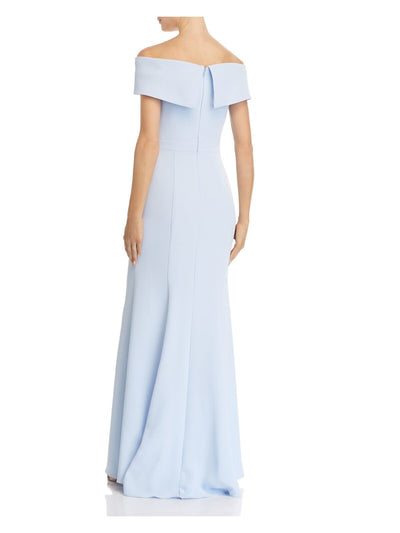 AQUA Womens Light Blue Slitted Short Sleeve Off Shoulder Full-Length Formal Sheath Dress 2