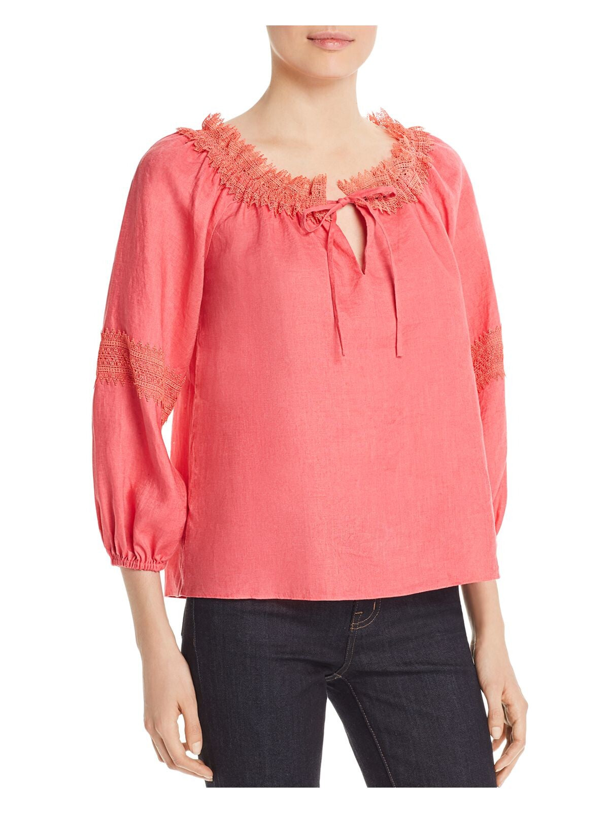 LE GALI Womens Pink Lace  Trim 3/4 Sleeve Tie Neck Top XS