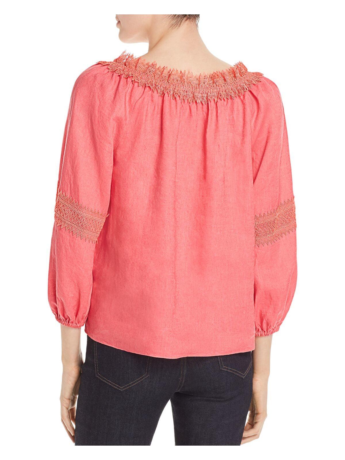 LE GALI Womens Lace  Trim 3/4 Sleeve Tie Neck Top