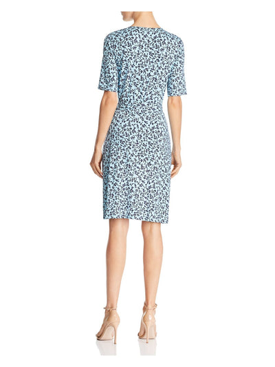 ADRIANNA PAPELL Womens Light Blue Floral Elbow Sleeve Surplice Neckline Above The Knee Wear To Work Faux Wrap Dress 4