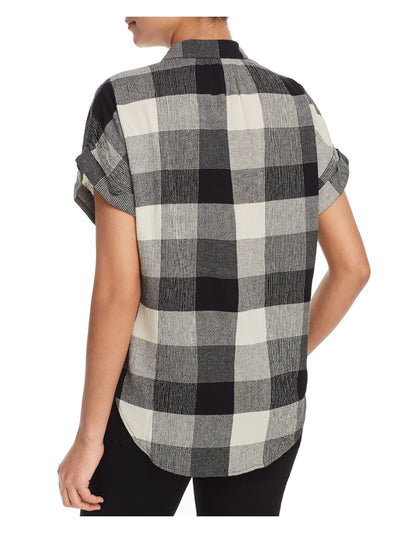 FINN & GRACE Womens Black Textured Curved Hem Pullover Styling Plaid Short Sleeve Collared Top M