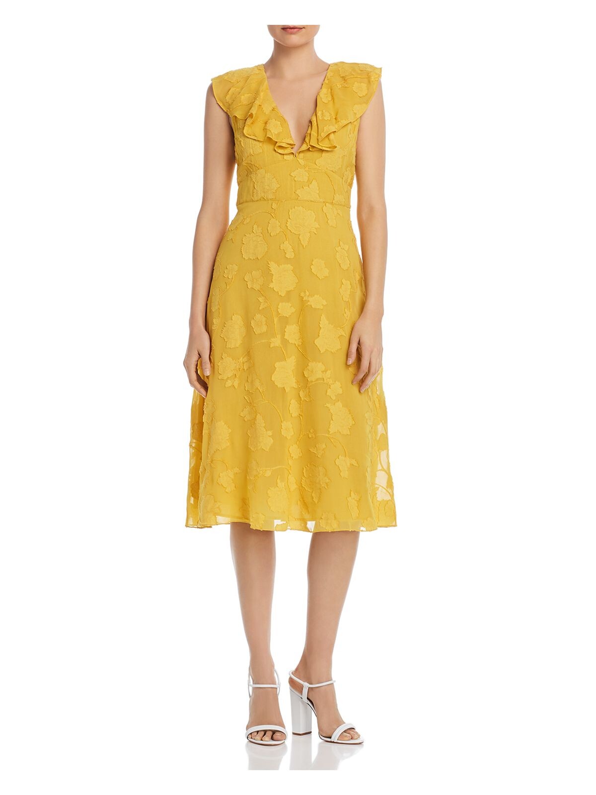 JOIE Womens Yellow Embroidered Floral Petal Sleeve V Neck Midi Pleated Dress 4