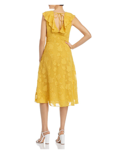 JOIE Womens Yellow Embroidered Floral Petal Sleeve V Neck Midi Pleated Dress 4