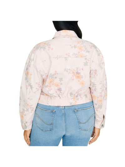 SANCTUARY Womens Pink Stretch Pocketed Button Down Floral Denim Jacket Plus 1X