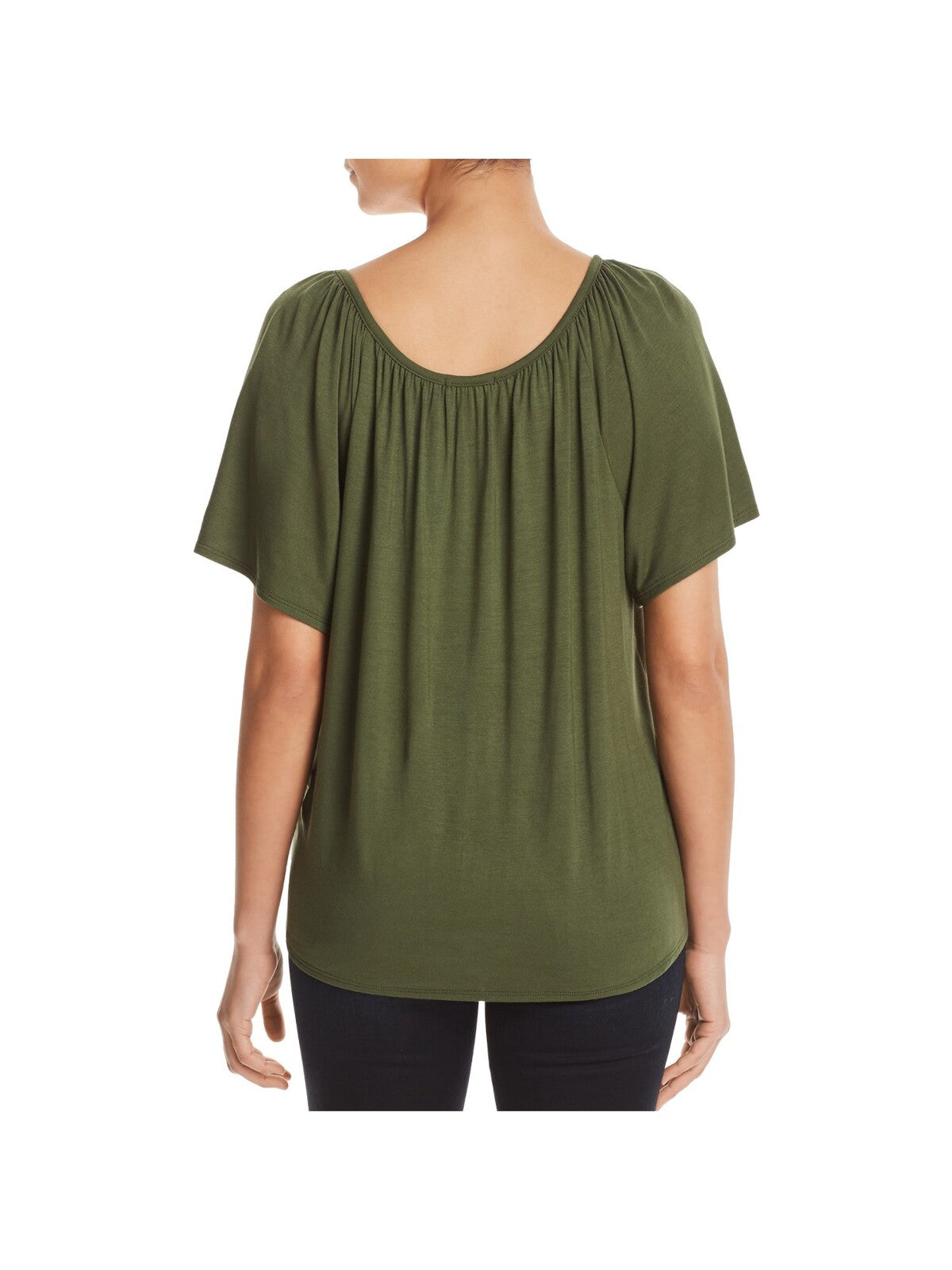 K & C Womens Green Stretch Ribbed Tie Button Down Short Sleeve Scoop Neck Blouse L