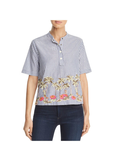 SCOTCH & SODA Womens Blue Embroidered Side Vents Button Striped Short Sleeve Crew Neck Top XS