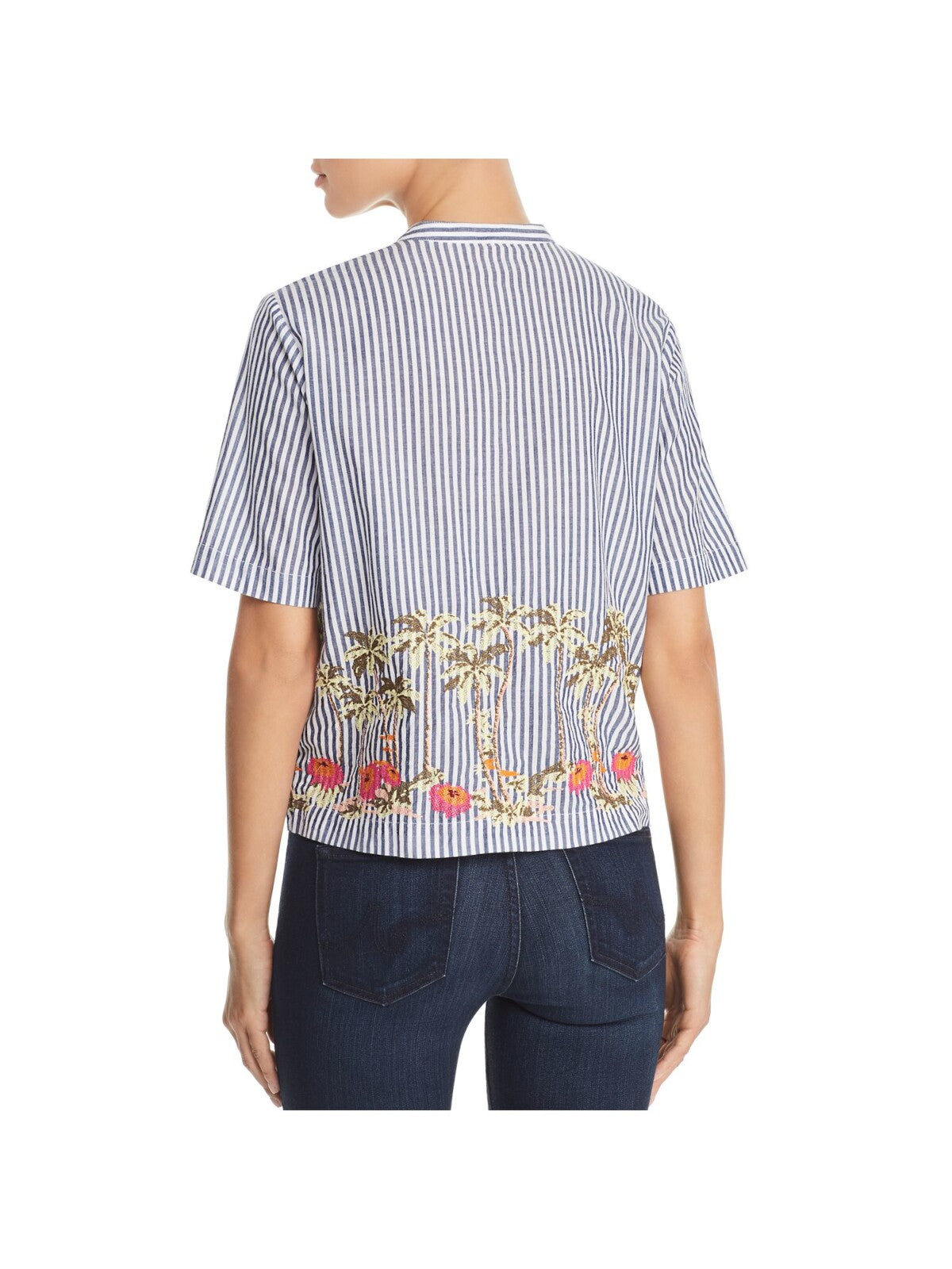 SCOTCH & SODA Womens Embroidered Side Vents Button Short Sleeve Crew Neck Top