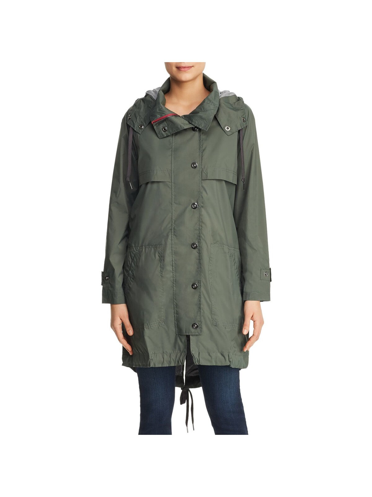 ANORAK Womens Green Zippered Water Resistant Removable Billed Hood Lined Long Sleeve Wear To Work Hi-Lo Trench Coat M