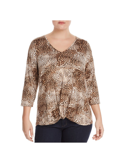 STATUS BY CHENAULT Womens Beige Animal Print 3/4 Sleeve V Neck Top 1X