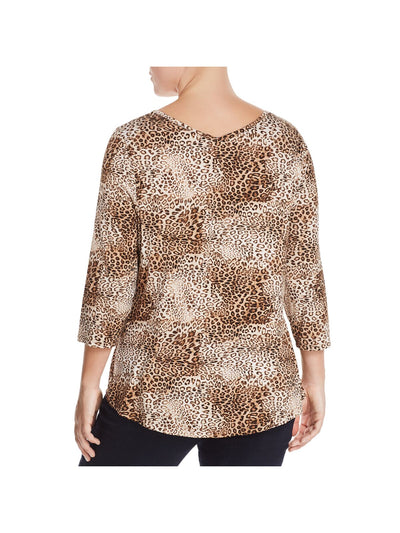 STATUS BY CHENAULT Womens Beige Animal Print 3/4 Sleeve V Neck Top 1X