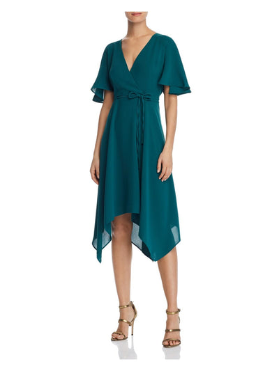 ADRIANNA PAPELL Womens Teal Stretch Tie Darted Sheer Lined Handkerchief Hem Flutter Sleeve Surplice Neckline Midi Party Wrap Dress 10