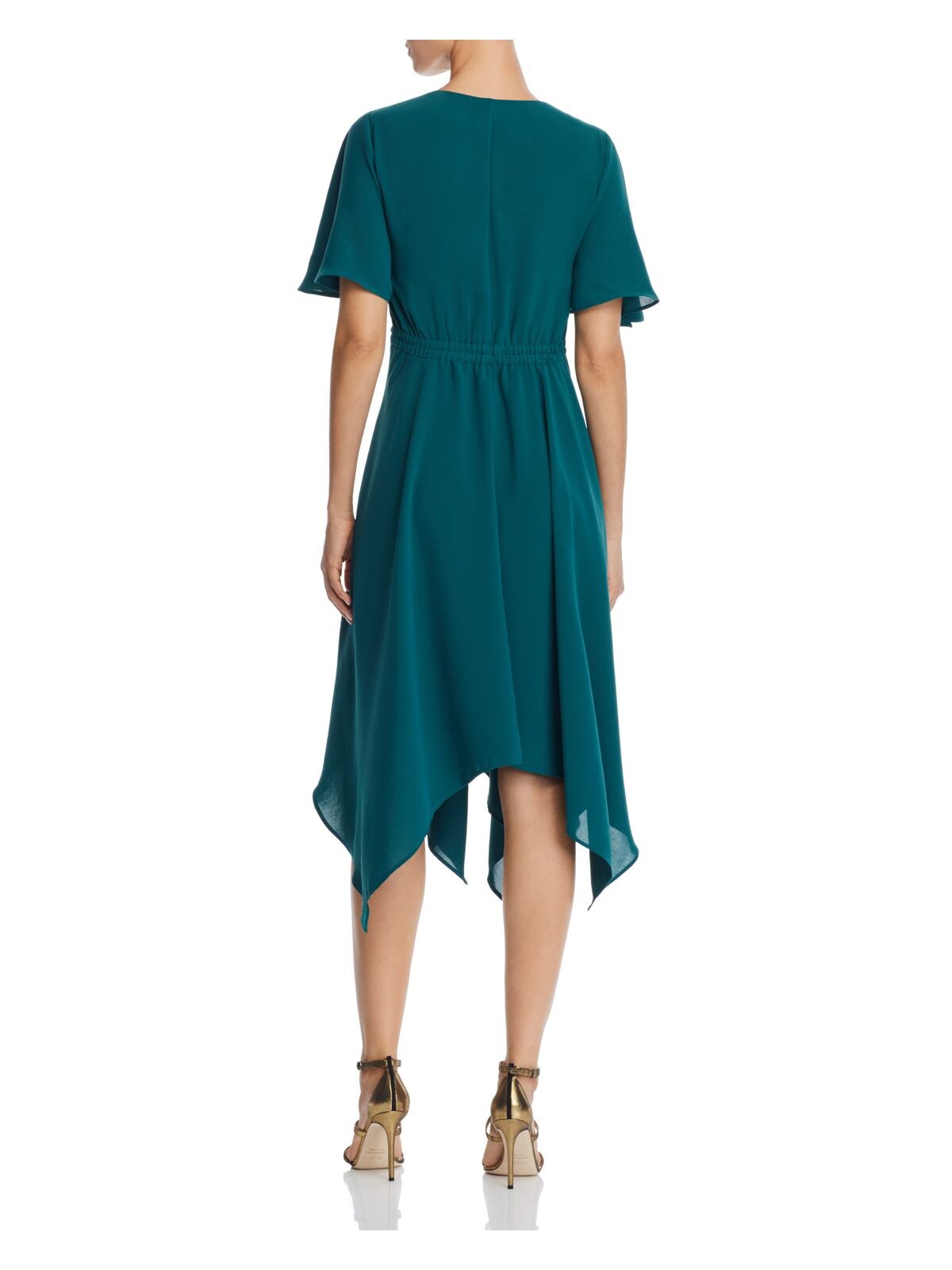 ADRIANNA PAPELL Womens Teal Stretch Tie Darted Sheer Lined Handkerchief Hem Flutter Sleeve Surplice Neckline Midi Party Wrap Dress 10