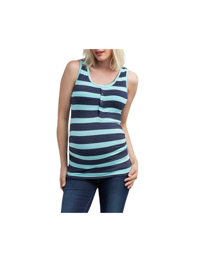 NOM Womens Aqua Stretch Ruched Henley-style Nursing Panel Striped Sleeveless Tank Top Maternity XS