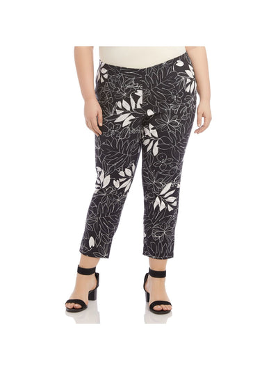 KAREN KANE Womens Black Stretch Fitted Darted Pull On Floral Cropped Pants Plus 2X