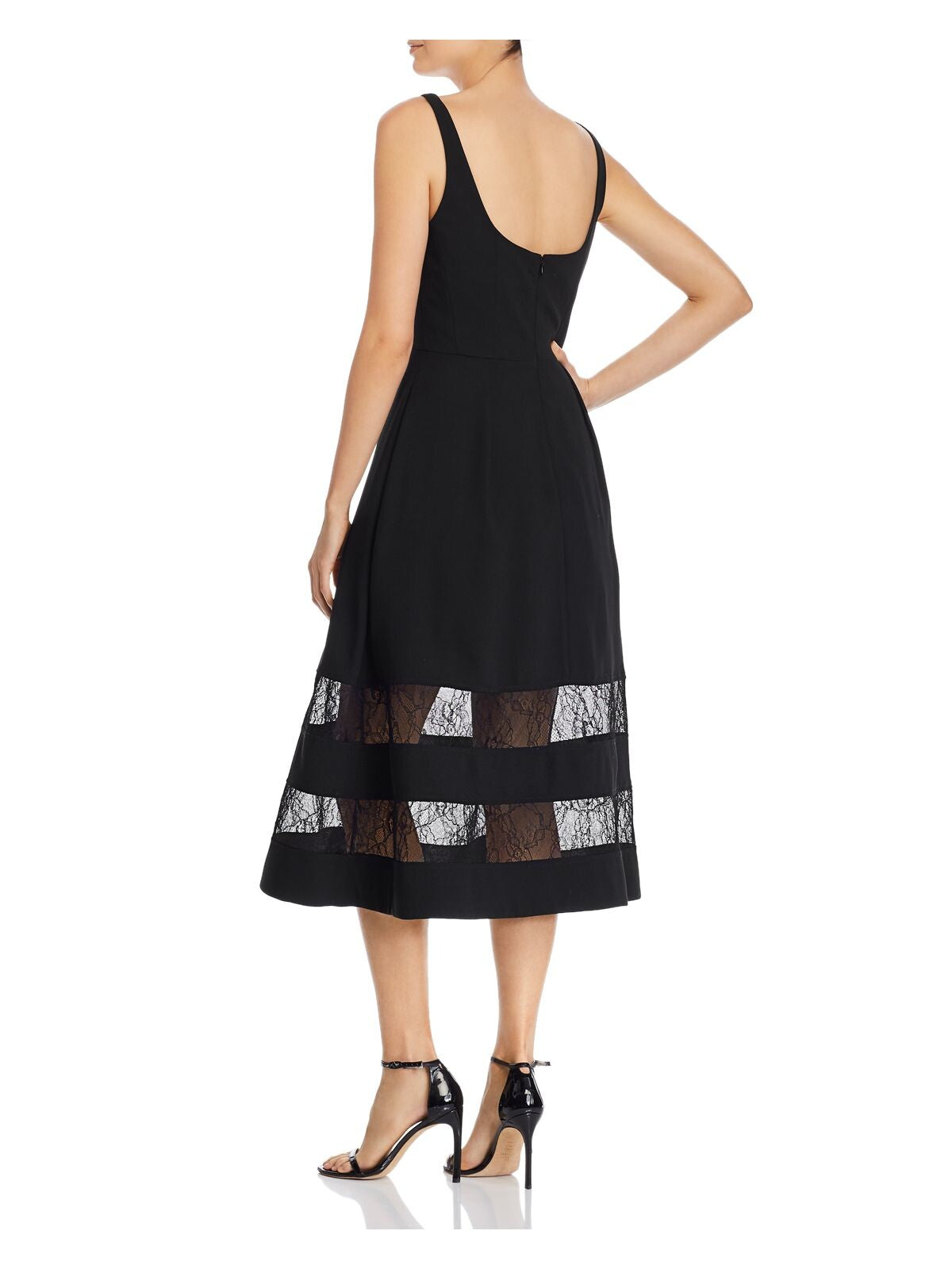 AIDAN MATTOX Womens Black Sheer Spaghetti Strap Square Neck Below The Knee Party Fit + Flare Dress 0