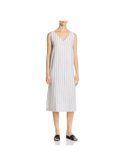 EILEEN FISHER Womens White Striped Sleeveless V Neck Midi Shift Dress L