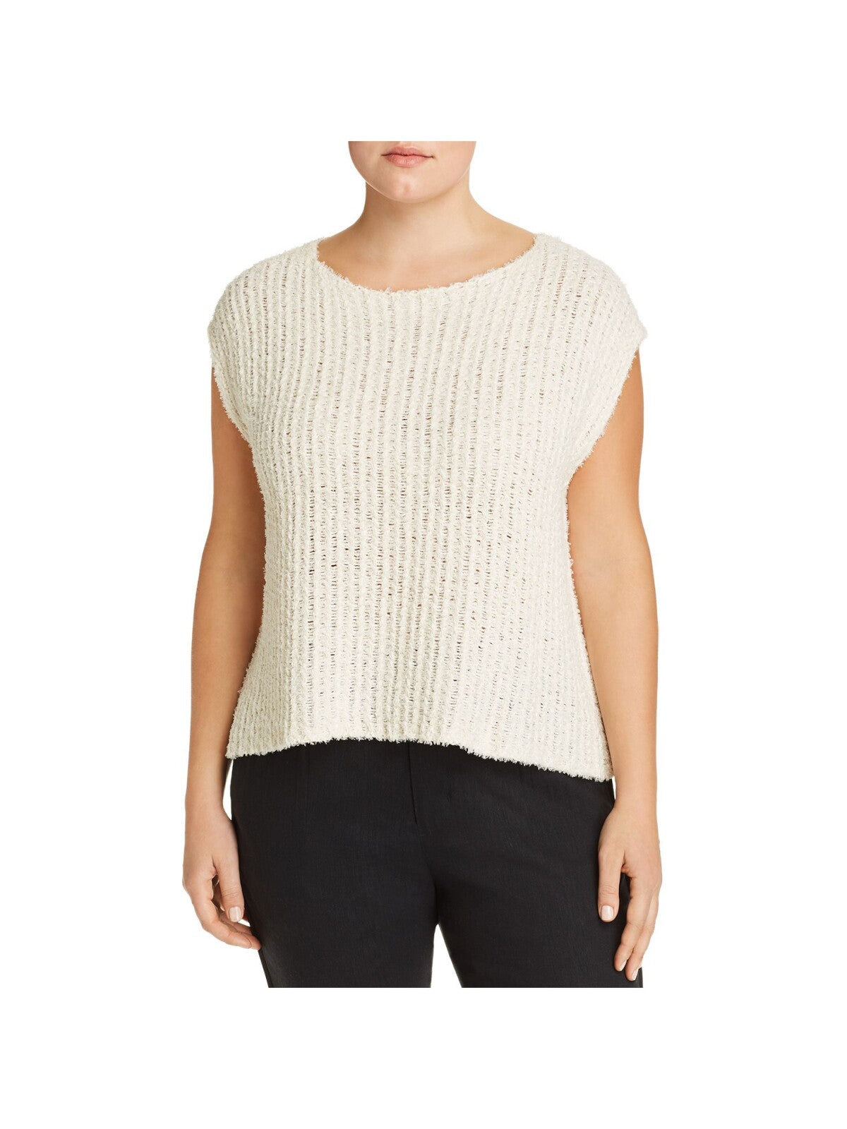 EILEEN FISHER Womens Beige Stretch Ribbed Knit Cap Sleeve Boat Neck Sweater Plus 3X