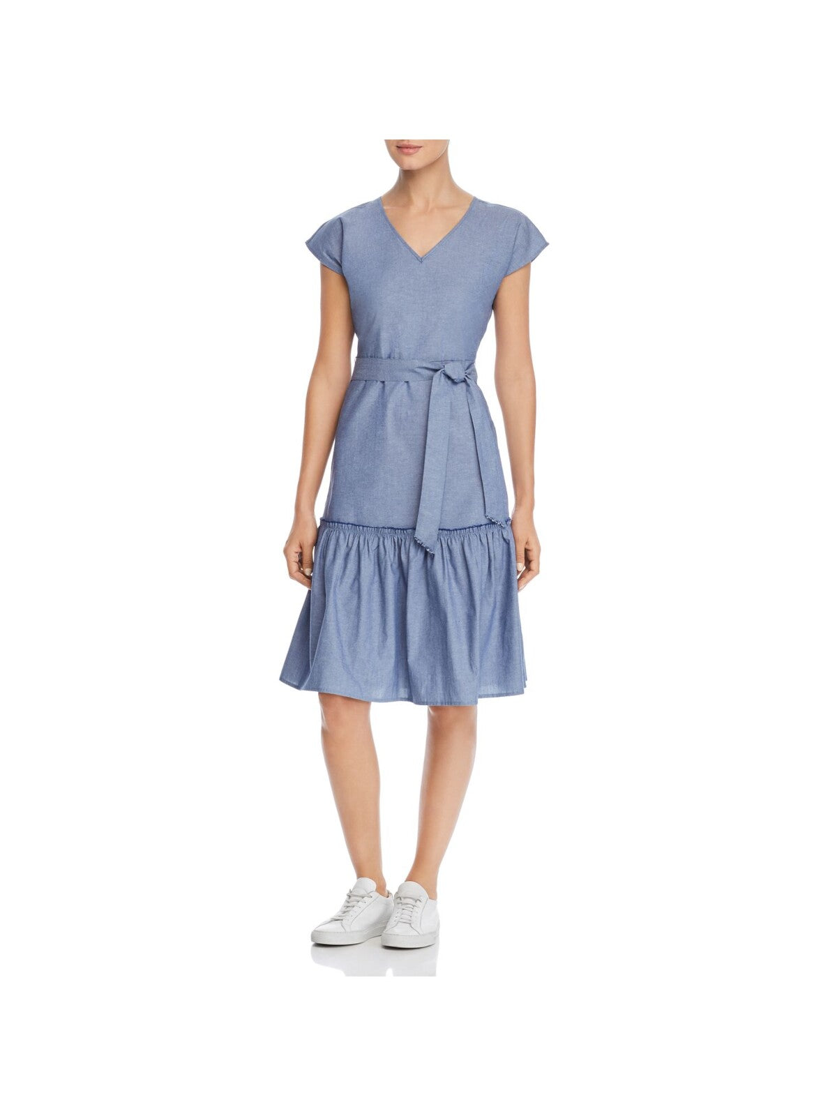 DESIGN HISTORY Womens Blue Zippered Belted Chambray Cap Sleeve V Neck Above The Knee Fit + Flare Dress XS