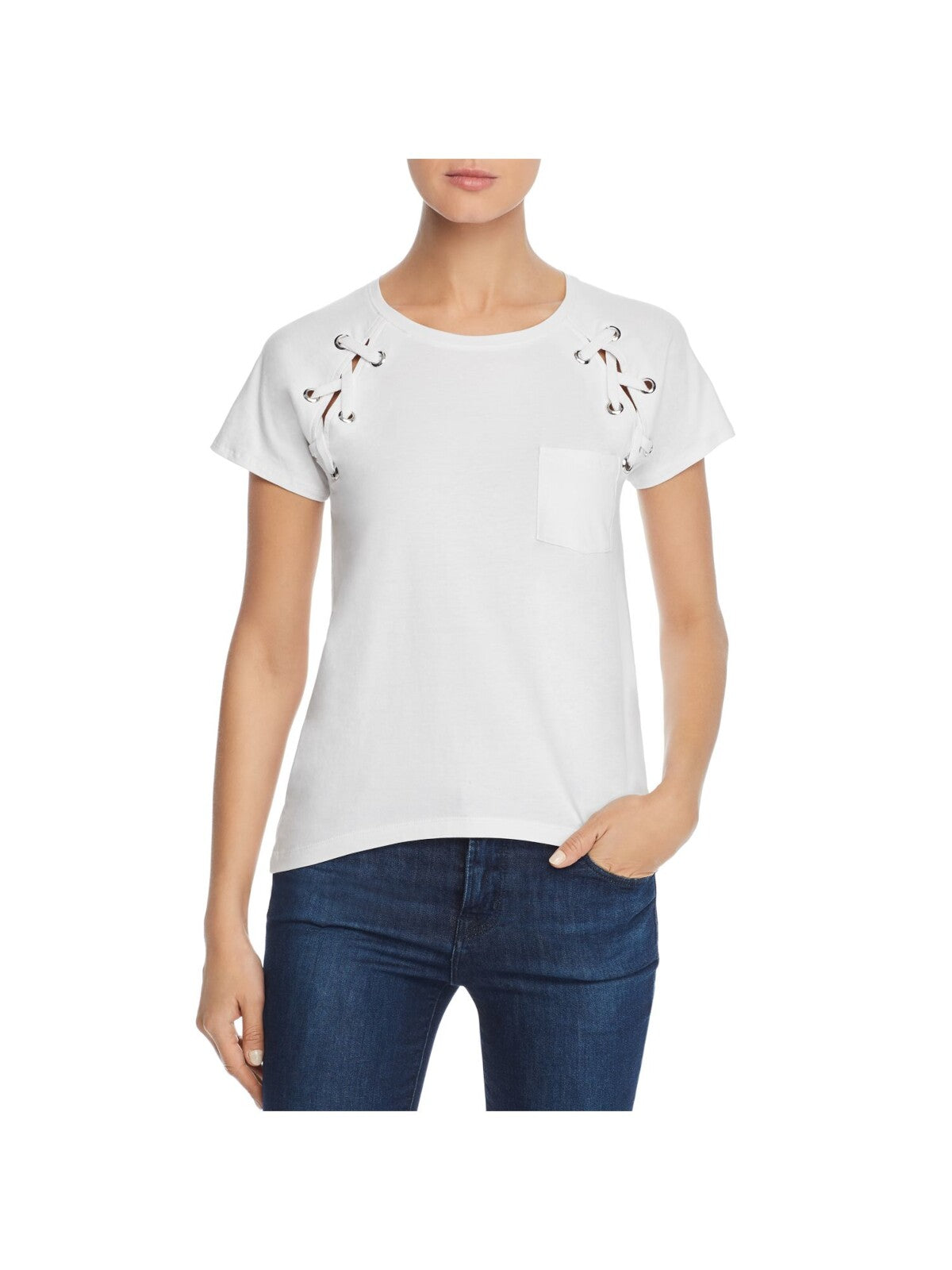 DESIGN HISTORY Womens White Pocketed Lace Up At Front Shoulders Short Sleeve Crew Neck T-Shirt M