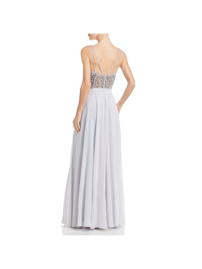 AQUA Womens Silver Beaded Zippered Padded Slitted Lined Spaghetti Strap V Neck Full-Length Evening Gown Dress 4