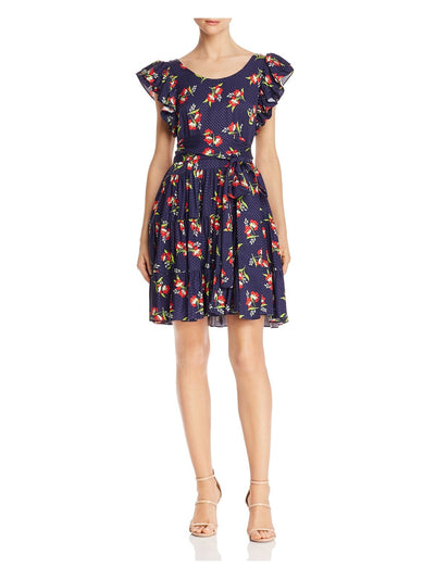 JILL STUART Womens Navy Back Cut Out Floral Cap Sleeve Scoop Neck Short Fit + Flare Dress M