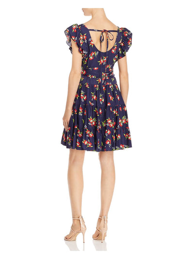 JILL STUART Womens Navy Back Cut Out Floral Cap Sleeve Scoop Neck Short Fit + Flare Dress M