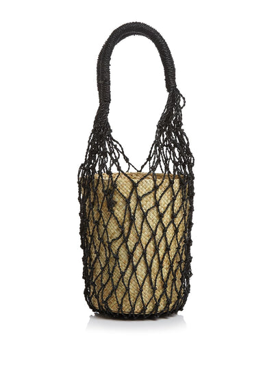 AQUA Women's Beige Straw Net Double Flat Strap Bucket Bag