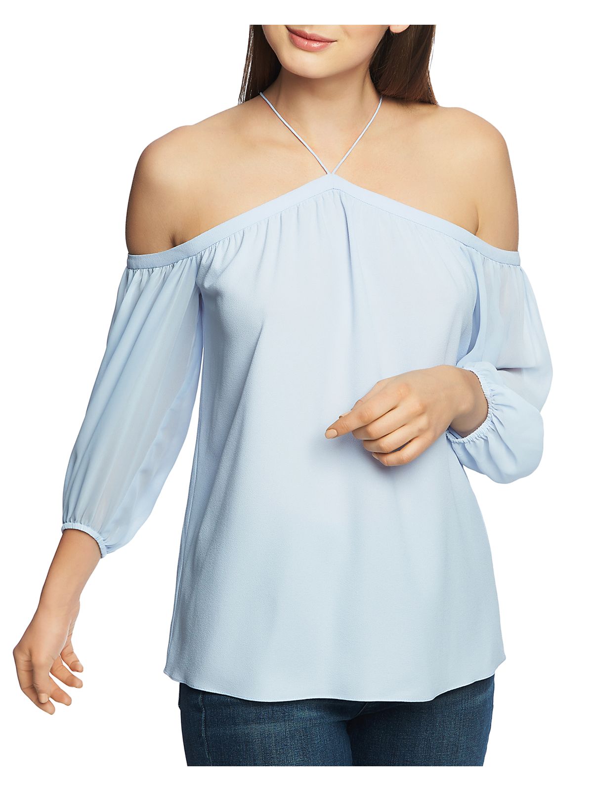 1. STATE Womens Light Blue Long Sleeve Halter Blouse XS