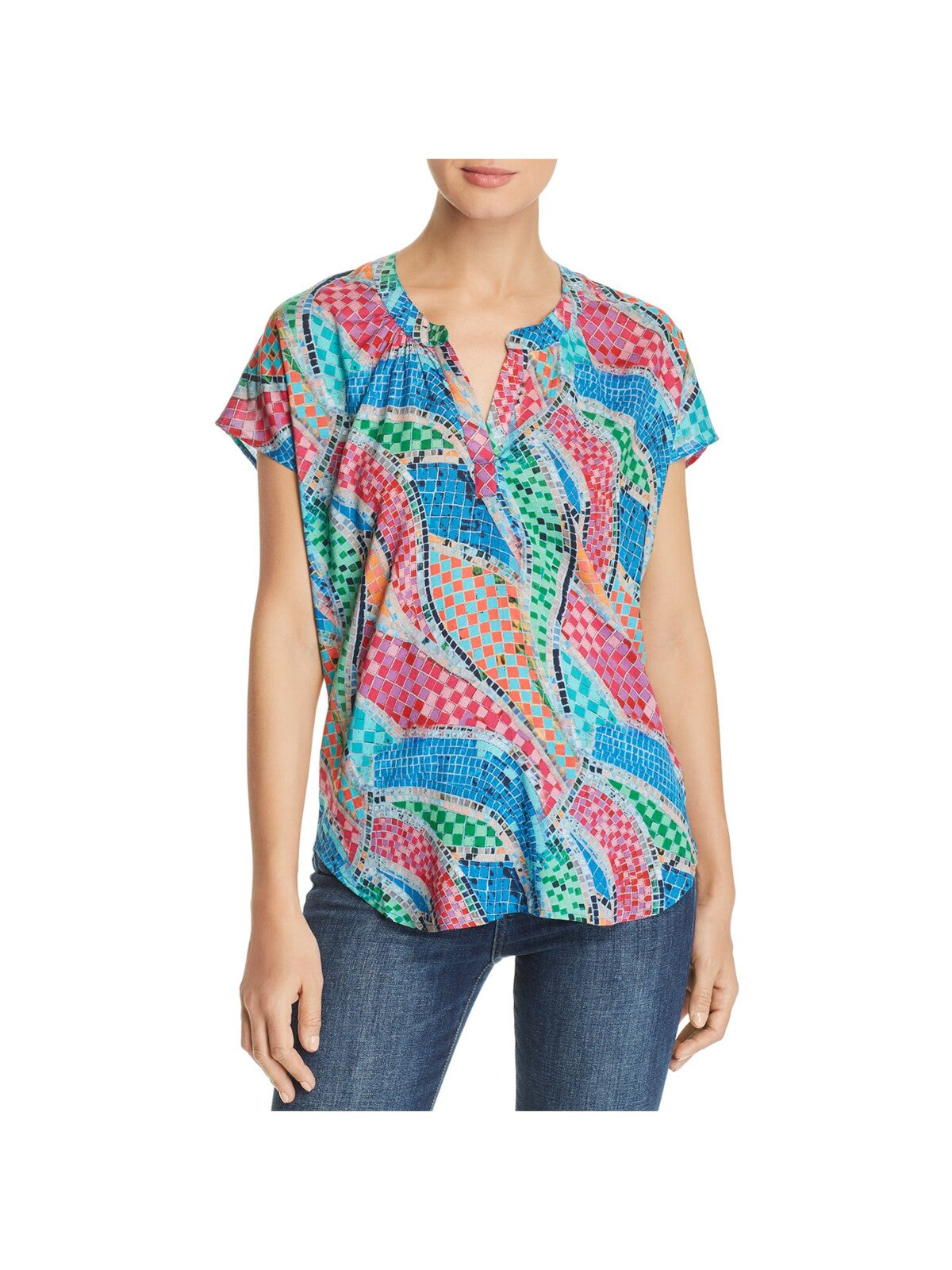 FEATHERS Womens Blue Printed Short Sleeve Split Top XS