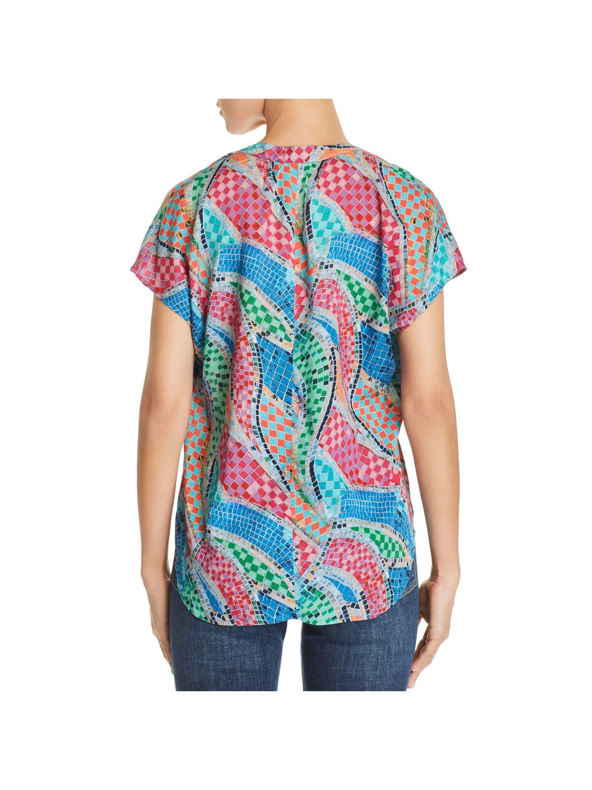 FEATHERS Womens Blue Printed Short Sleeve Split Top M