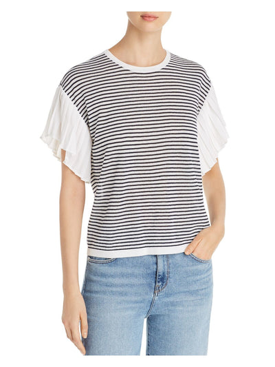 LE GALI Womens White Striped Short Sleeve Jewel Neck Sweater S