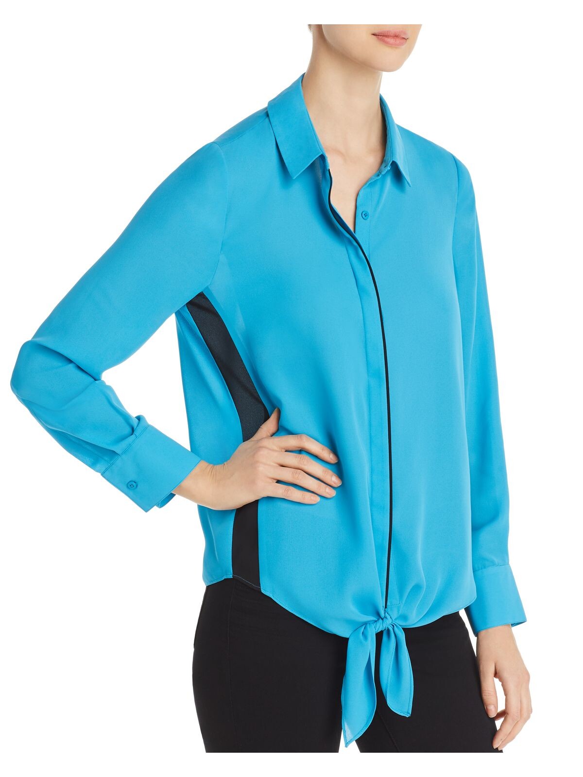 LE GALI Womens Blue Tie Front Long Sleeve Collared Blouse S