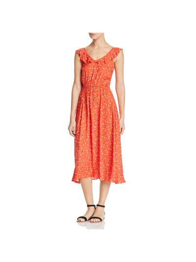 MKT STUDIO Womens Orange Ruffled Elastic Waist Printed Sleeveless V Neck Midi Fit + Flare Dress 38