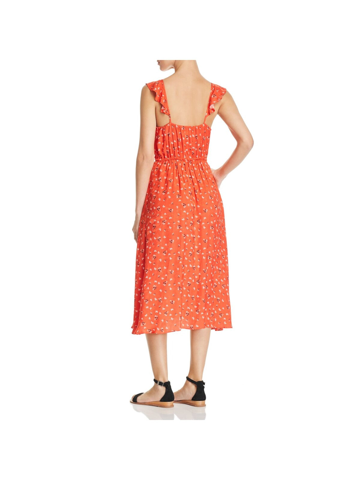 MKT STUDIO Womens Orange Ruffled Elastic Waist Printed Sleeveless V Neck Midi Fit + Flare Dress 38