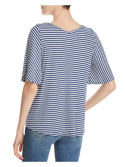 STATUS BY CHENAULT Womens Blue Stretch Twist Front Striped V Neck Top S