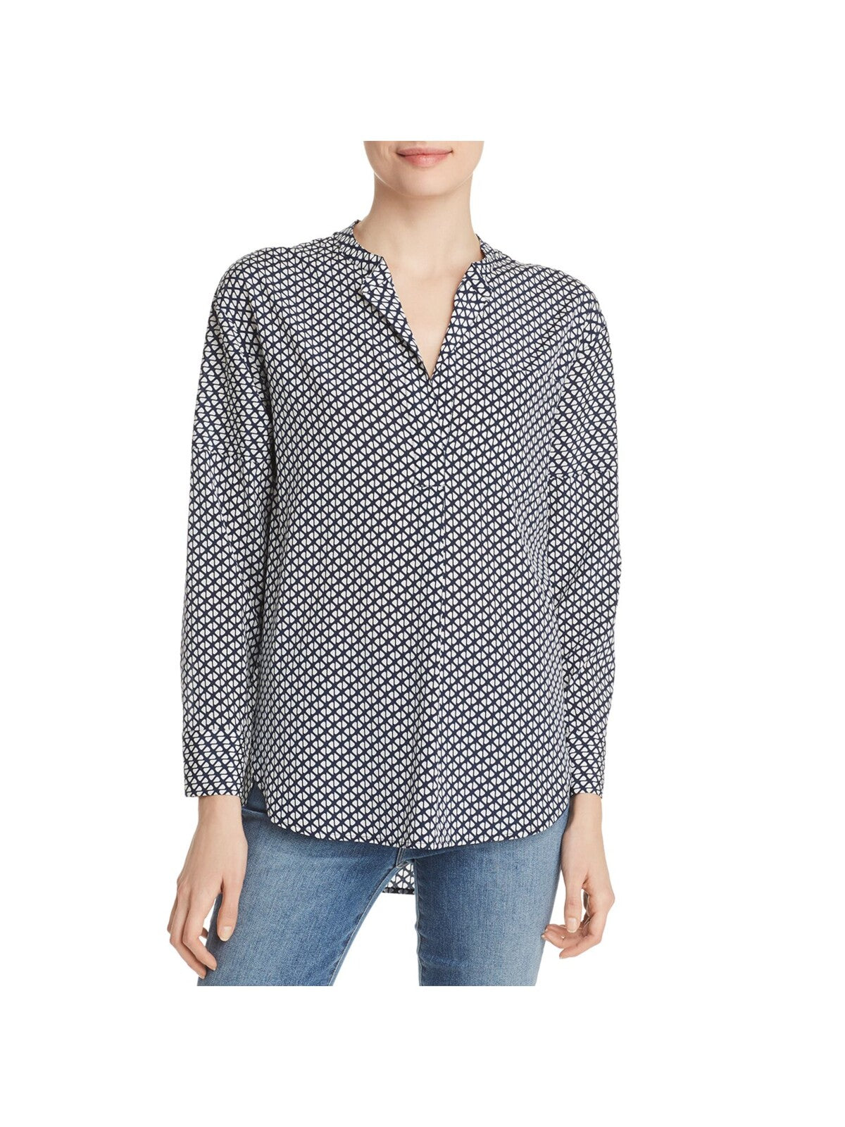 RELATIVE Womens Silk Pocketed Slitted Lightweight Curved Hem Long Sleeve Split Cocktail Button Up Top