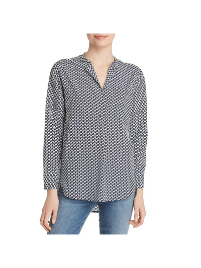 RELATIVE Womens Navy Silk Pocketed Slitted Lightweight Curved Hem Geometric Long Sleeve Split Cocktail Button Up Top XS