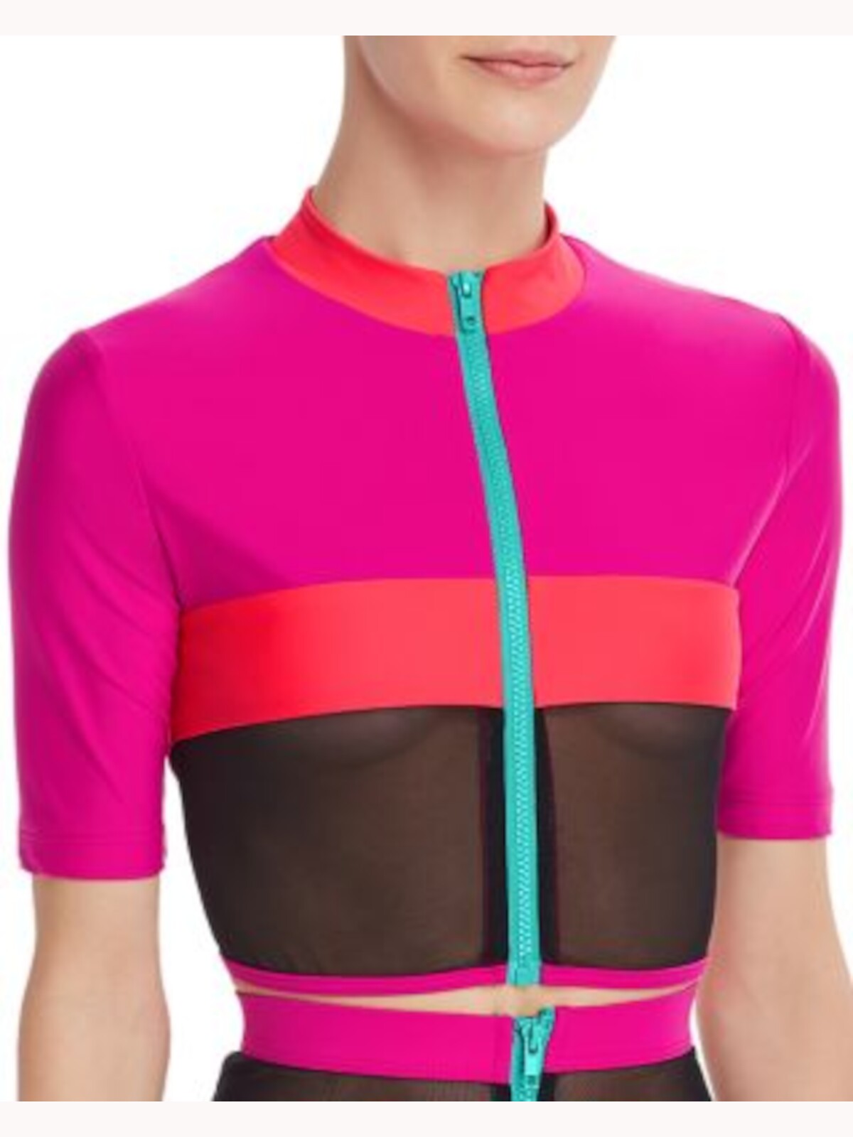 CHROMAT Women's Pink Color Block Rash Guard Mesh Zippered Laverne Swimsuit Cover Up M