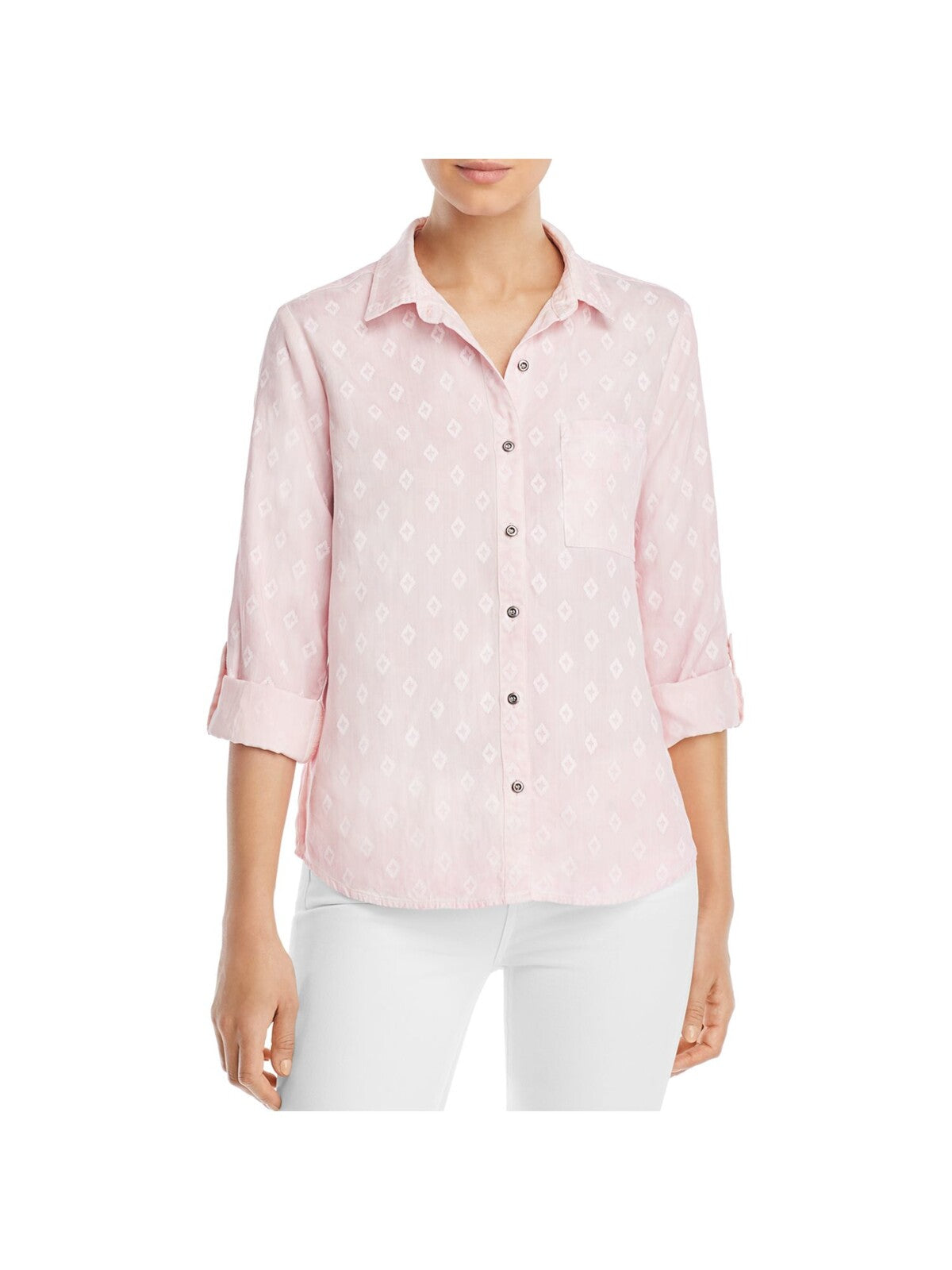 BILLY T Womens Pink Roll-tab Sleeve Collared Wear To Work Button Up Top L