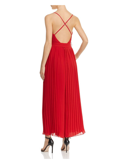 FAME AND PARTNERS Womens Red Pleated Sleeveless V Neck Maxi Formal Fit + Flare Dress 0