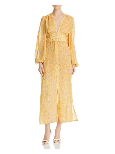 DIVINE HERITAGE Womens Yellow Pleated Sheer Lined Button-front Floral Long Sleeve V Neck Midi Evening Sheath Dress S