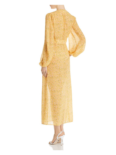 DIVINE HERITAGE Womens Yellow Pleated Sheer Lined Button-front Floral Long Sleeve V Neck Midi Evening Sheath Dress S