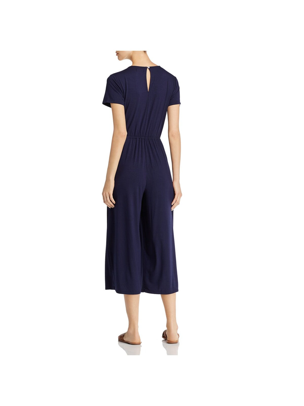 CUPIO BLUSH Womens Navy Knit Pocketed Elastic Waist Short Sleeve Surplice Neckline Evening Wide Leg Jumpsuit L