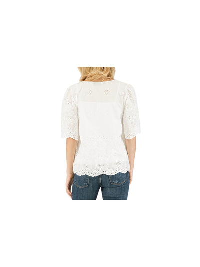 B COLLECTION Womens White Eyelet Scalloped Partially Lined Flutter Sleeve V Neck Top XS