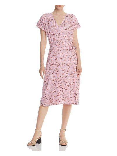 JOIE Womens Pink Floral Short Sleeve V Neck Midi Wrap Dress XXS